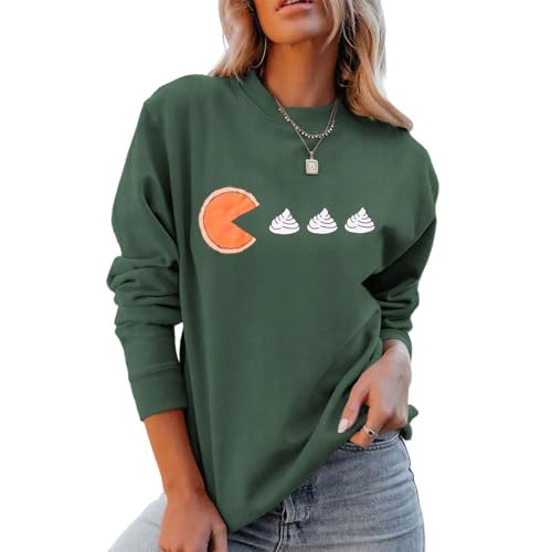SOFEON Pumpkin Pies Thanksgiving Sweatshirts Women Whipped Cream Long Sleeve Shirts Thankful Crewneck Pullover Fall Tops(Green,XL) | Amazon (US)