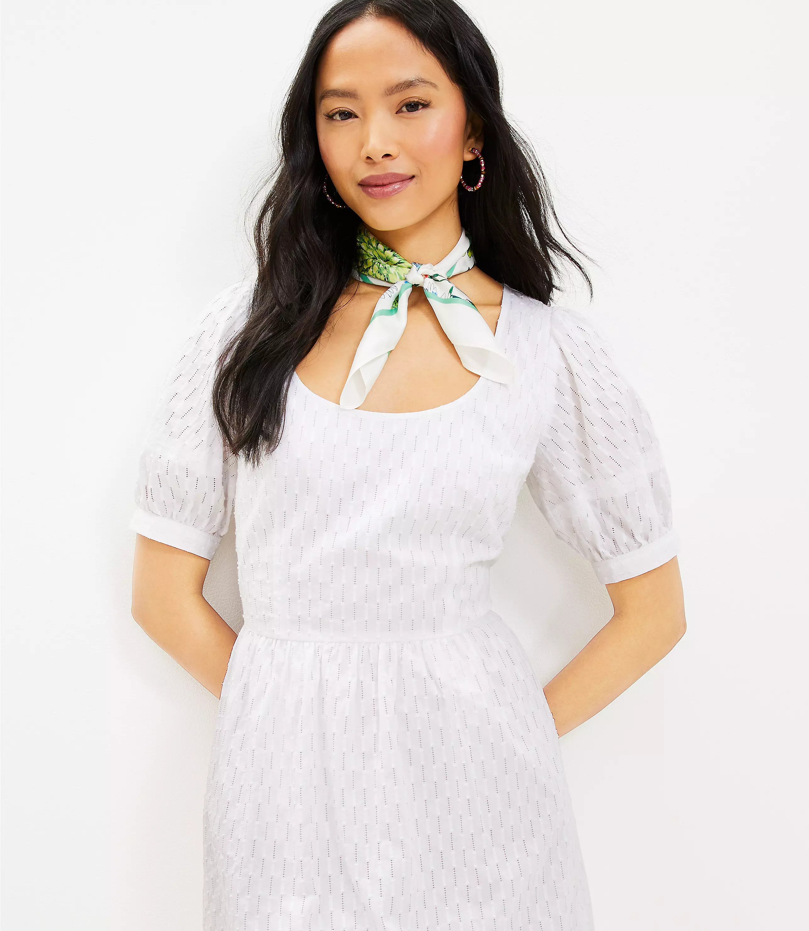 Dobby U-Neck Puff Sleeve Dress | LOFT