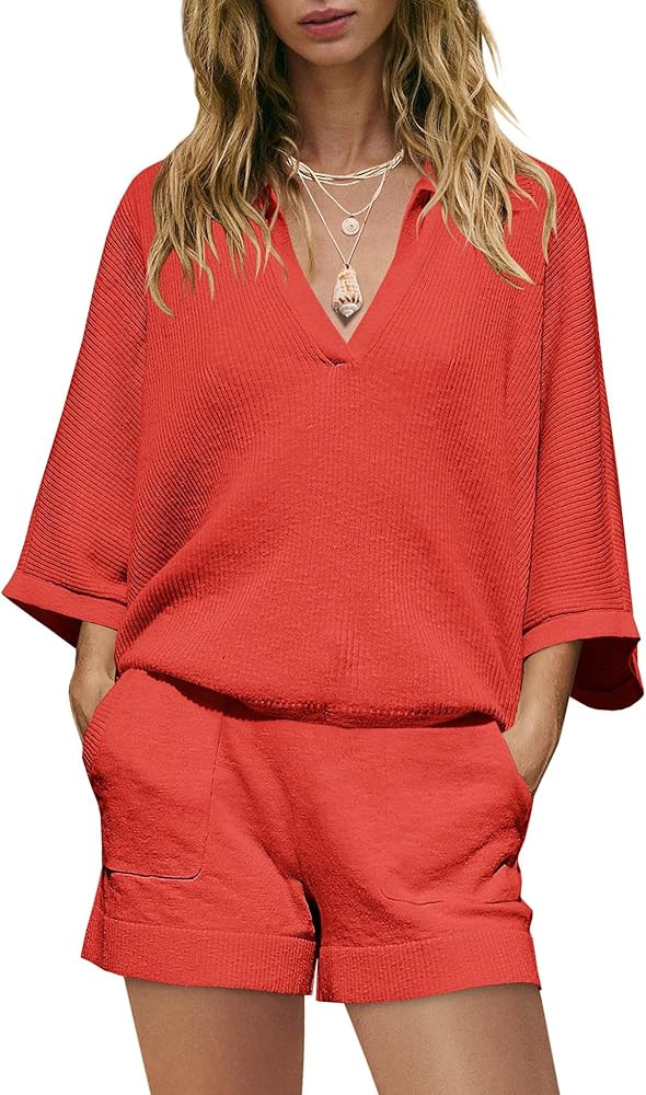 SENSERISE Womens Lounge Set Summer Sweater Matching Sets Batwing Sleeve V Neck Top and Shorts wit... | Amazon (US)