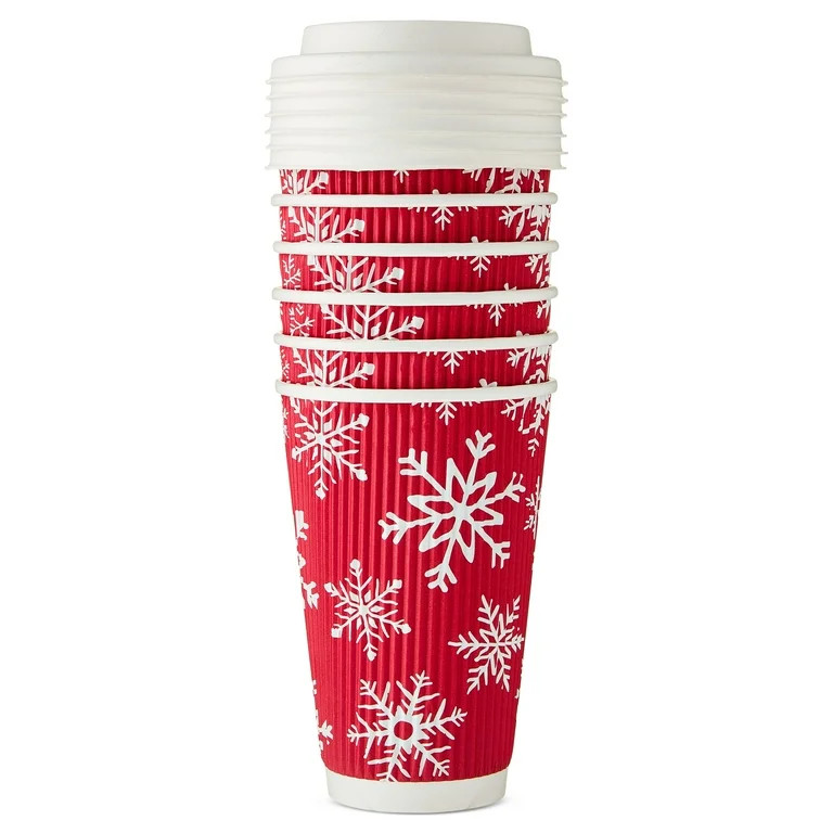 Snowflake Paper Coffee Cups with Plastic Lids, Red and White, 16 oz, 6 Count, by Holiday Time | Walmart (US)