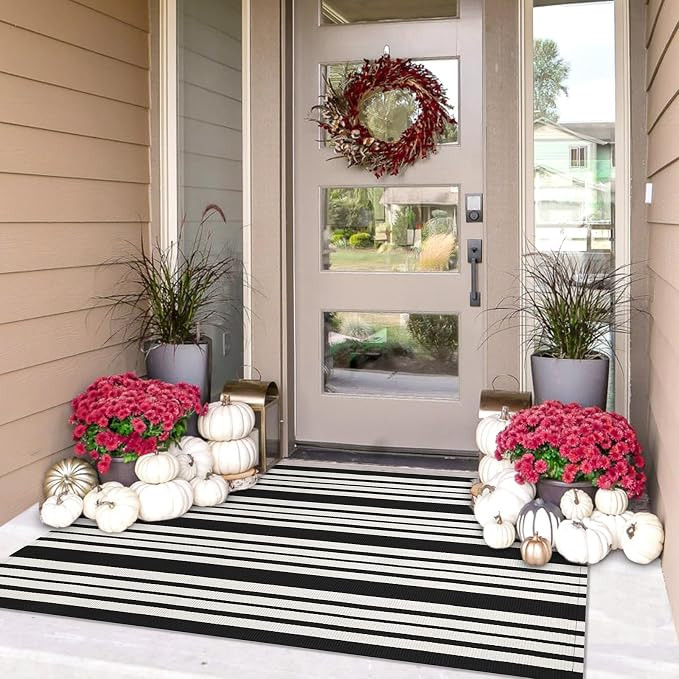 IOHOUZE Black and White Striped Rug 3'x5' Front Door Rugs Outdoor, Washable Area Rug for Front Po... | Amazon (US)
