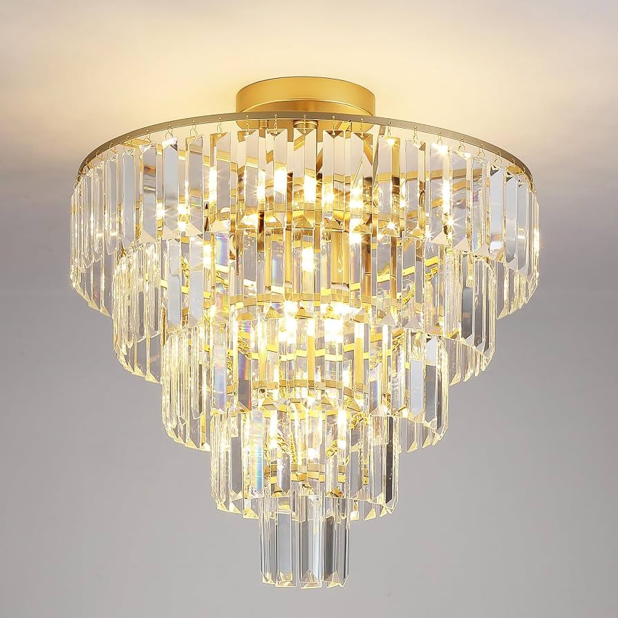 20" Crystal Chandelier, 10-Light Modern Gold Flush Mount Chandelier, Luxury Round Crystal Semi Fl... | Amazon (US)