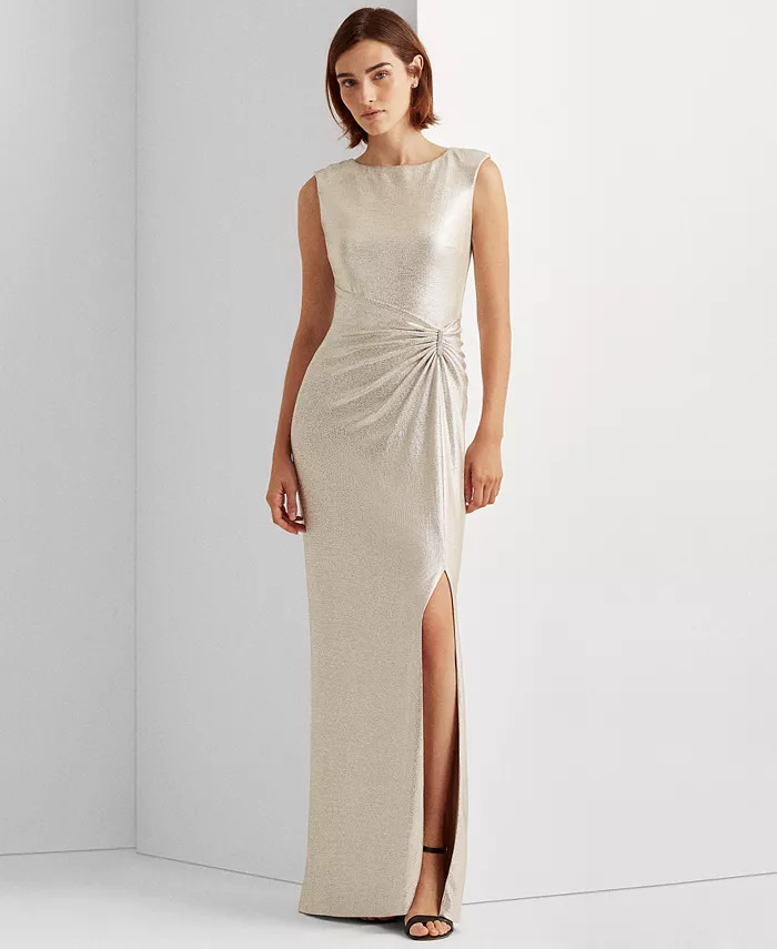 Lauren Ralph Lauren Metallic Sleeveless Side-Slit Gown - Macy's | Macy's