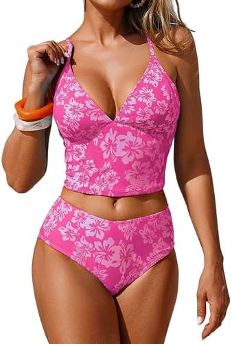 ZAFUL Women Cute Floral Tankini Swimsuit High Waisted Tankini Set Modest Full Coverage Two Piece ... | Amazon (US)