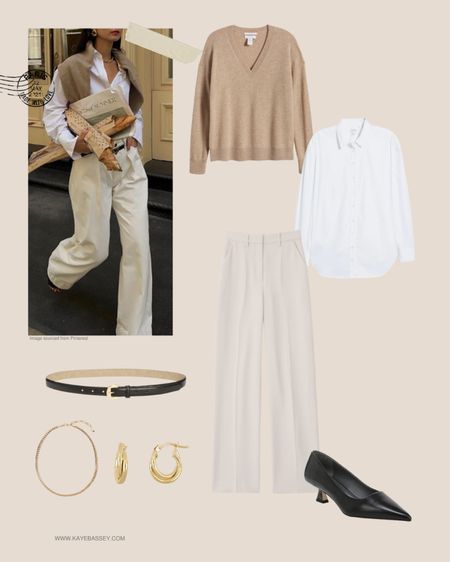Parisian inspired fall outfit idea / neutral workwear outfit 
- v-neck sweater 
- white button up shirt 
- cream trousers 
- kitten heels 
- gold jewelry 

#LTKstyletip #LTKworkwear #LTKSeasonal