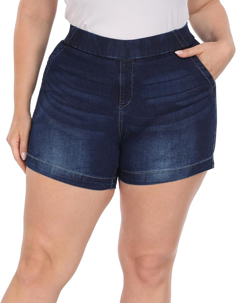 HDE Women's Plus Size Jean Shorts High Waisted Stretch Denim Pull On Shorts | Amazon (US)
