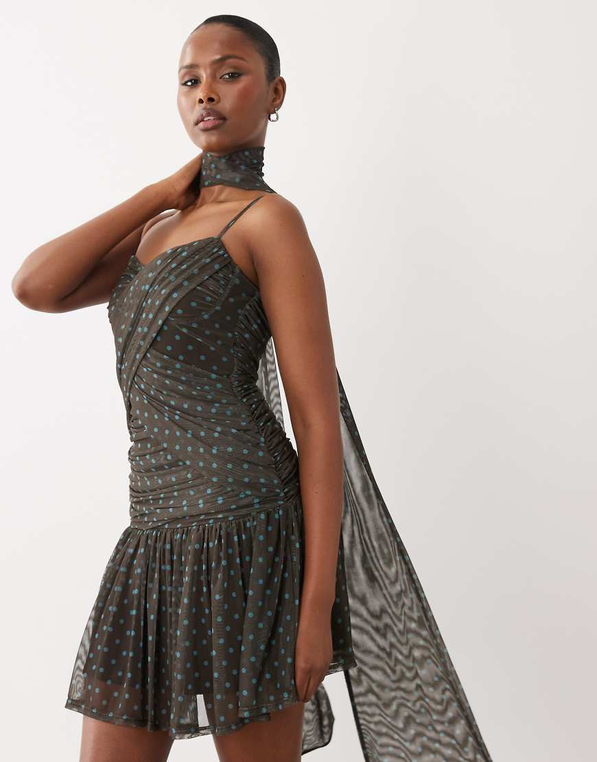 ASOS DESIGN scarf detail polka dot mesh mini dress with draped detail in chocolate-Brown | ASOS (Global)