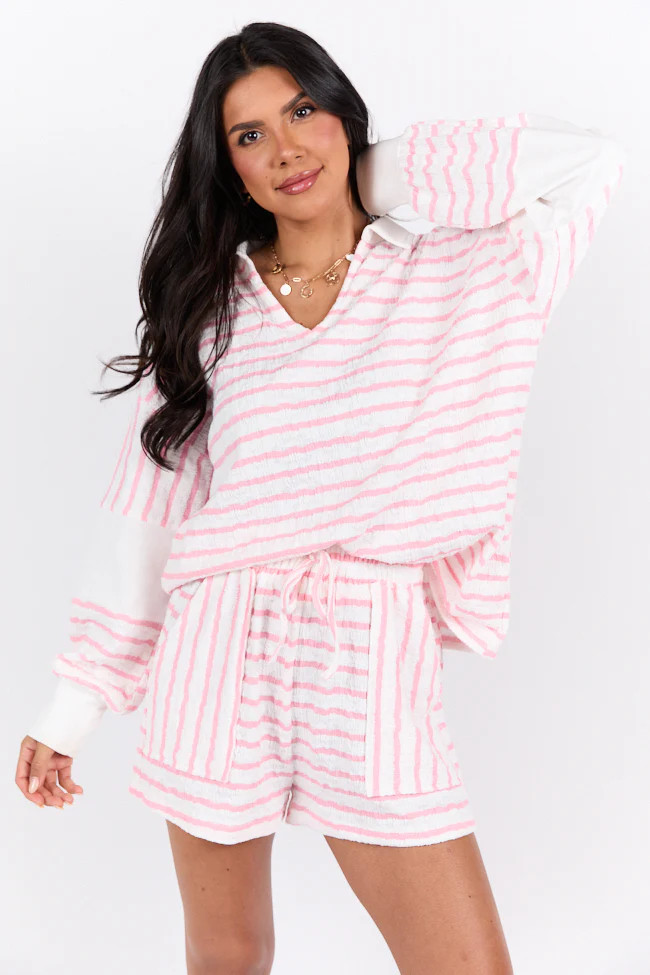 Lazy Days Long Sleeve Striped Pink and White Lounge Top | Pink Lily