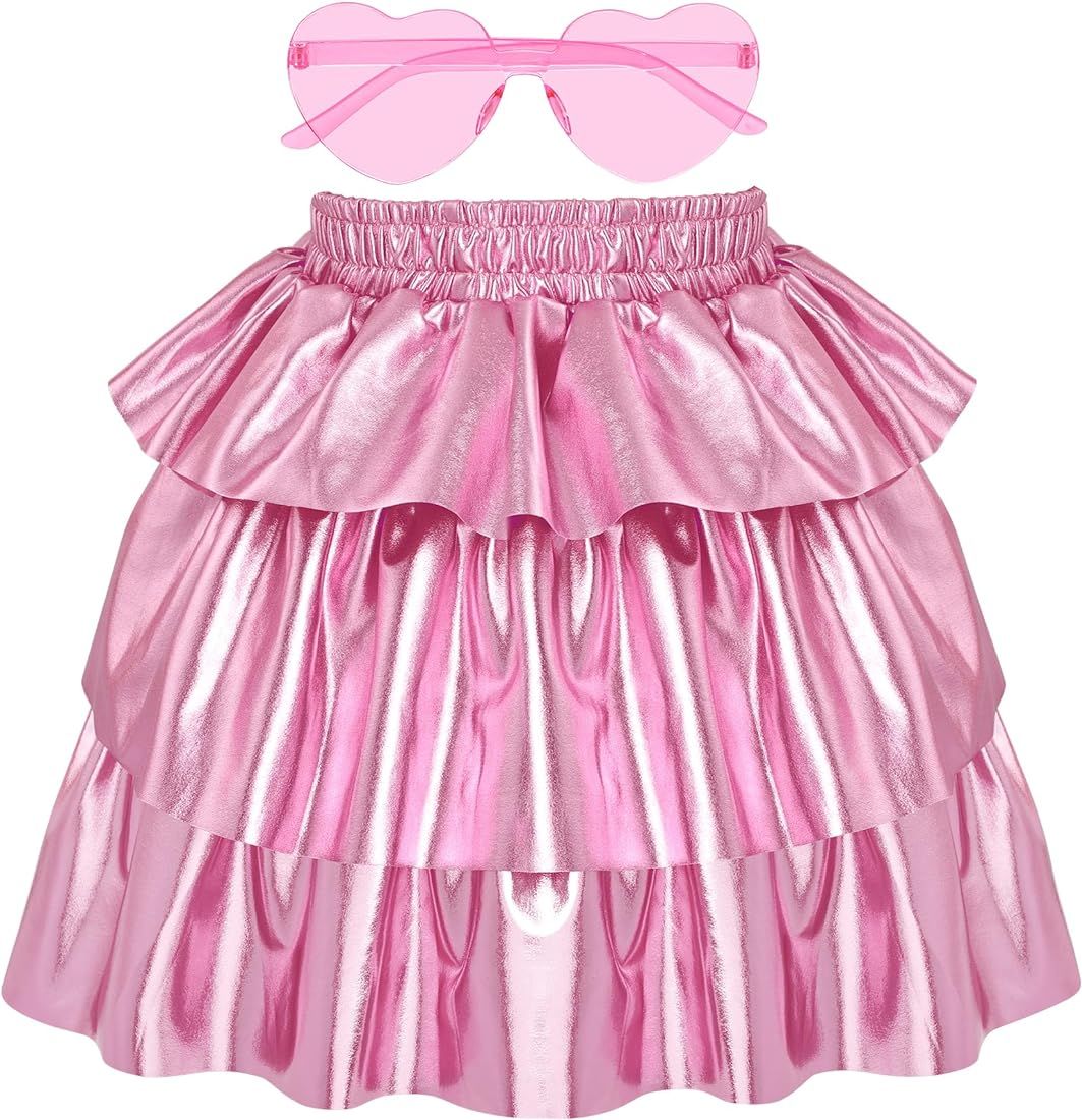 Hmxpls Girls Sparkle Metallic Skirts Shiny 3-Layer Ruffle Skirts Tutu Dance Scooter Skirt with Su... | Amazon (US)