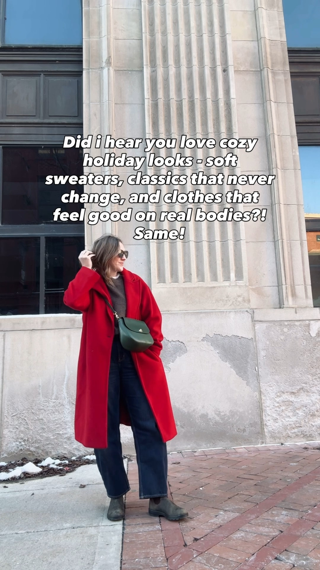 OOTD 
Red Coat- Vintage but i found some  others for you 
Sweater - Quince - up a size 
Jeans- Gap - up a size 
Boots - Blundstone - follow the size guide 
Bag- Clare V 
Sunnies - Maui Jim 

#LTKSeasonal #LTKootd #LTKHoliday

#LTKOver40 #LTKstorytime #LTKootd