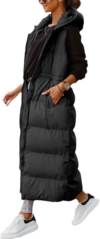 Women's Long Quilted Vest Hooded Maxi Length Sleeveless Puffer Vest Padded Coat Winter Outerwear | Amazon (US)