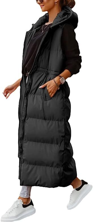 Women's Long Quilted Vest Hooded Maxi Length Sleeveless Puffer Vest Padded Coat Winter Outerwear | Amazon (US)