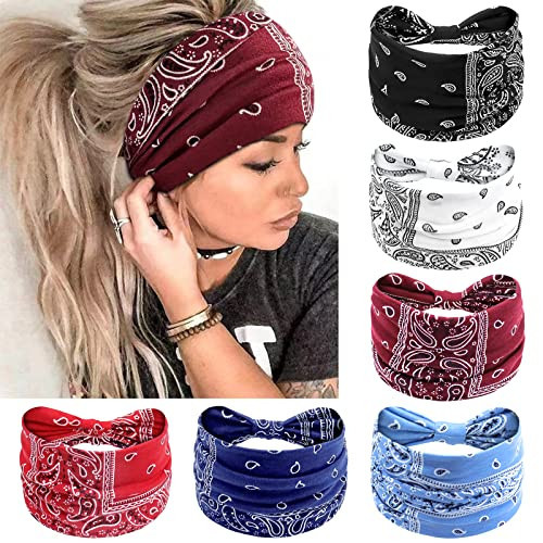 Awumbuk Wide Headbands for Women Knotted No Slip Head Bands Soft Turban Headband Hair Accessories Boho African Solid Color Head Wraps for Women Yoga Workout Pack of 6(Boho) | Amazon (US)