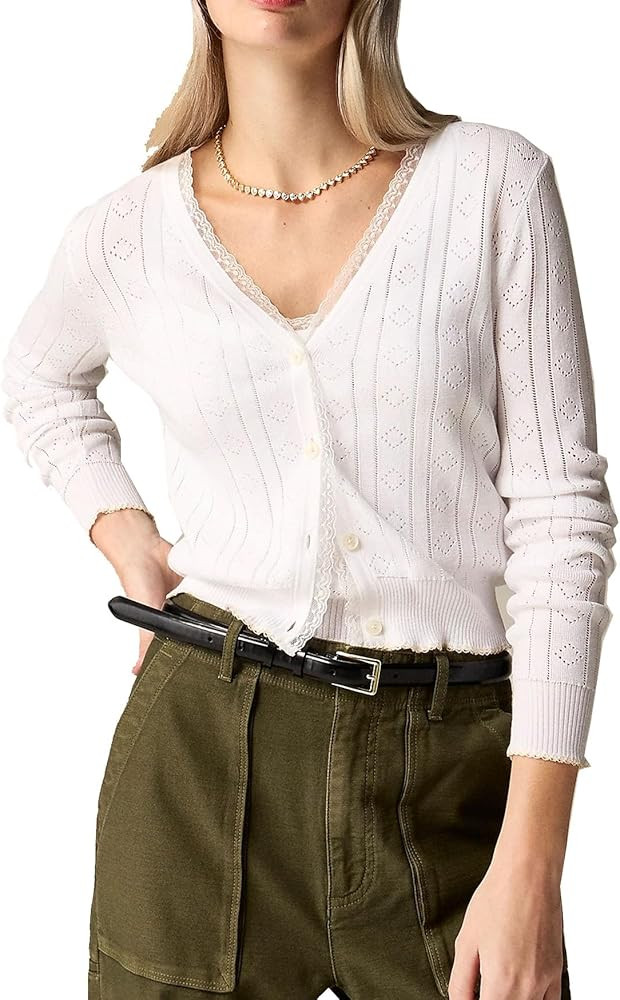 Women's Tank and Cardigan 2 Piece Set V Neck Button Down Knit Cropped Cardigan Y2k Lace Trim Cami... | Amazon (US)