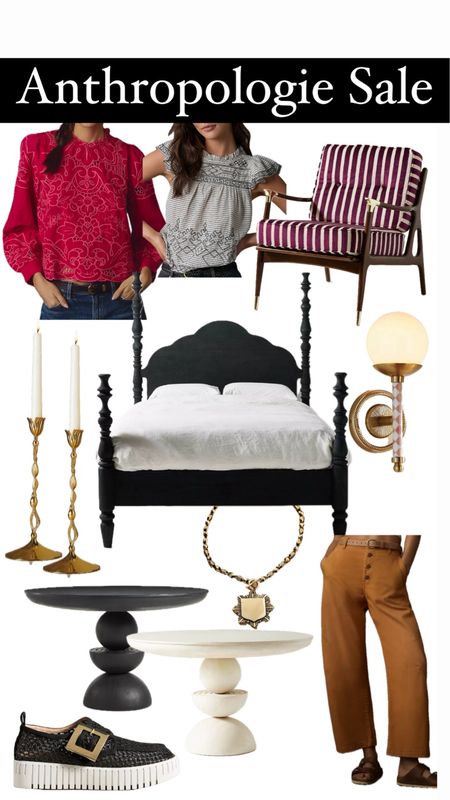 Some of my favorite pieces are on sale at Anthropologie right now! My round gleaming rose mirror and these gold candlesticks are some of my favorites!. 
4 post bed is a stunner
Brass wall sconce 
Pedestal table comes in black and white and also oval for dining! I have a round dining table this size in my entry may! 
Crop pants- a best seller
Gold charm necklace 
Lace blouses 
Platform sandal loafer 

#LTKHome #LTKSaleAlert #LTKShoeCrush