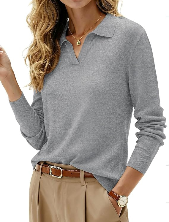 Kate Kasin Women Wool Blend V Neck Sweater, Long Sleeve Polo Shirt Collared | Amazon (US)