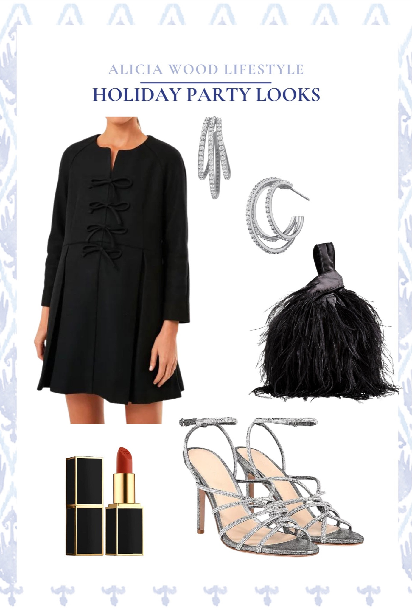 Holiday party look: black dress with bow detail, diamond hoops, black feather party bag, silver heels, Tom Ford red lipstick

#LTKitbag #LTKHoliday #LTKbeauty