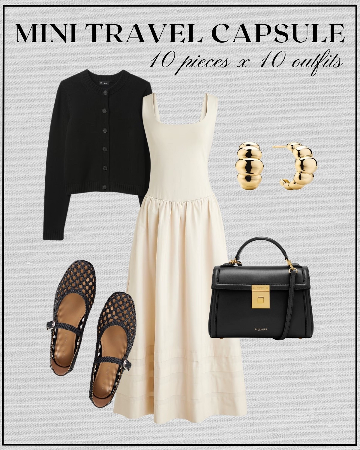 10x10 mini travel capsule: Paris edition 

Black cardigan / cream maxi dress / minimal summer dress / Aline dress / black mesh flats / Demellier purse / gold earrings / summer style 

#LTKTravel #LTKStyleTip