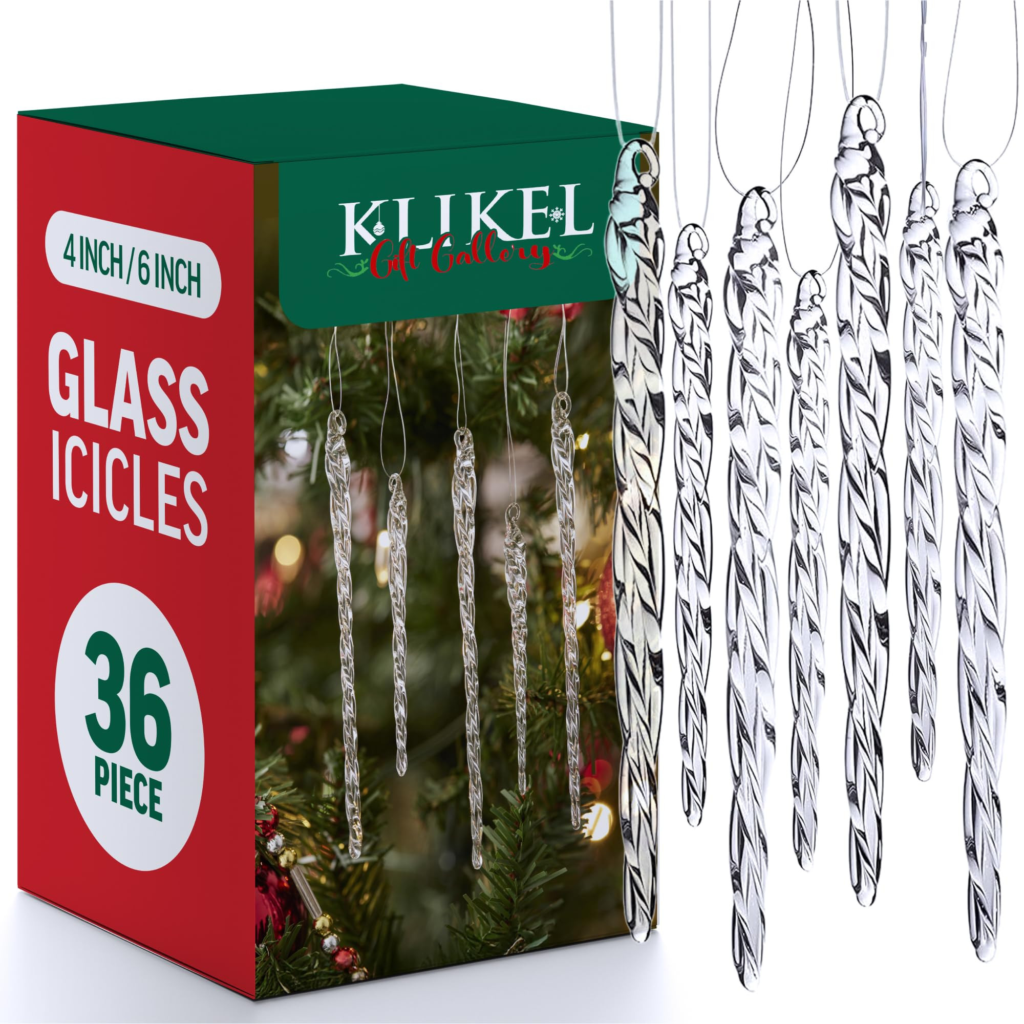 Klikel Glass Icicle Ornaments - Winter Decorations for Christmas Tree - Total 36 Hanging Ornament... | Amazon (US)