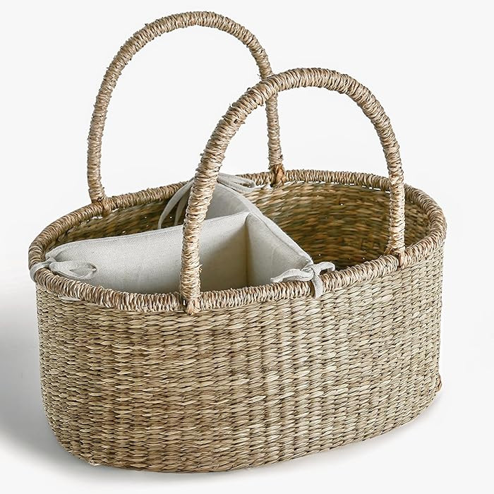 Premium Wicker Baby Diaper Caddy Organizer, Woven Seagrass Basket with Handles, Diaper Basket wit... | Amazon (US)