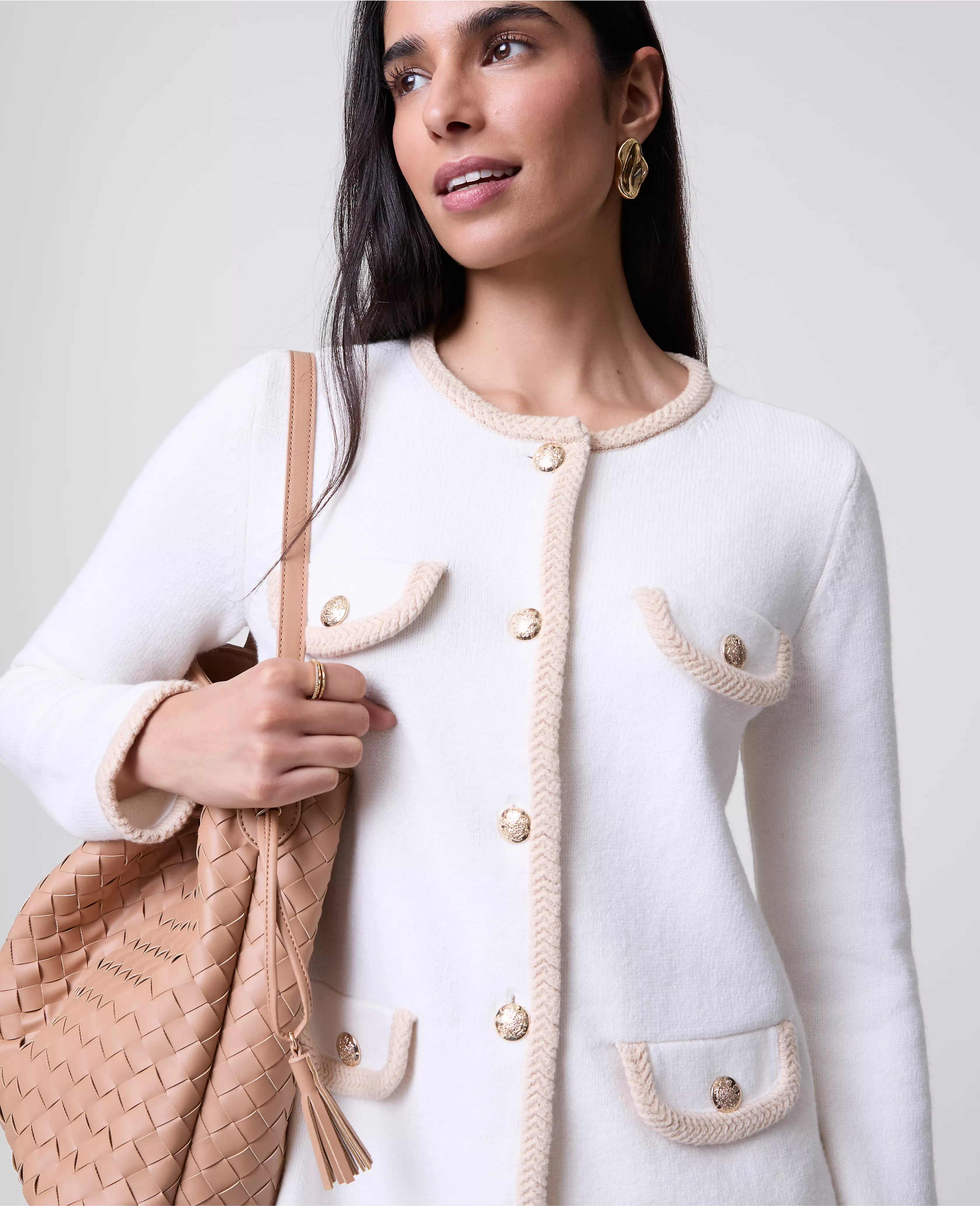 Textured Trim Sweater Jacket | Ann Taylor