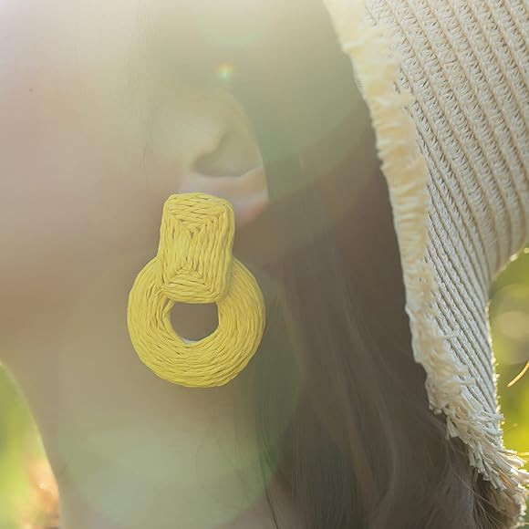 Statement Raffia Earrings Cute Boho Earrings Rattan Dangle Earrings Handmade Straw Wrap Earrings ... | Amazon (US)