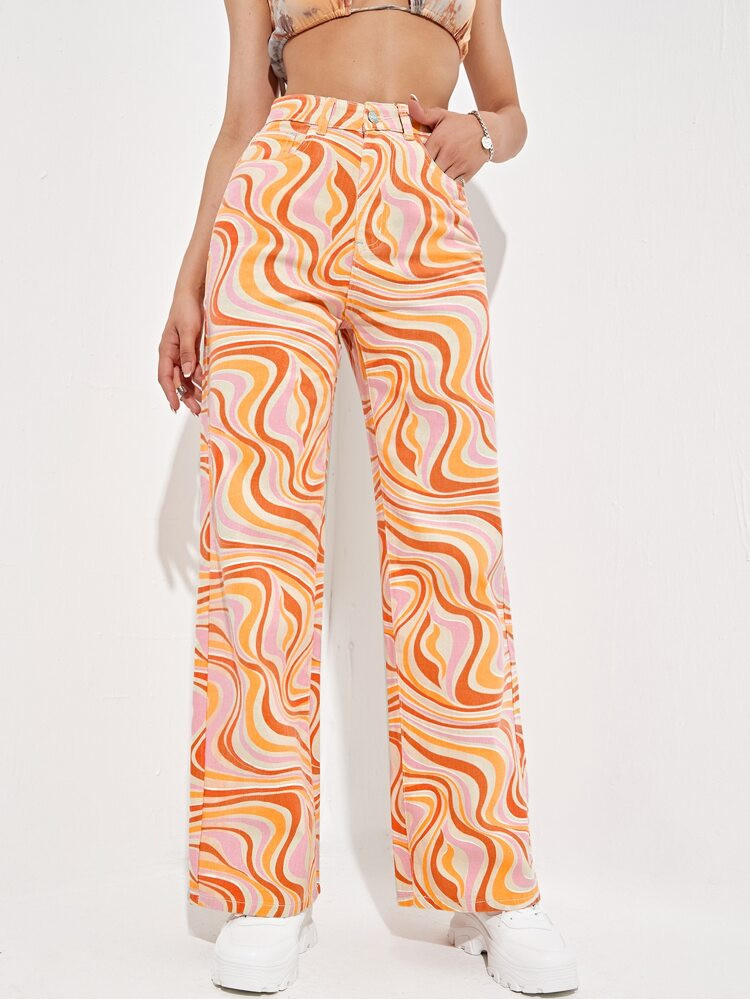 Allover Print Slant Pockets High Waist Wide Leg Jeans | SHEIN