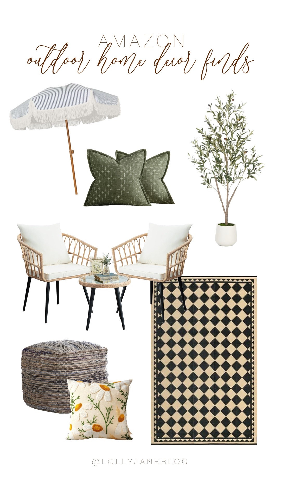 Amazon outdoor home decor finds from LTK!! 🫶🏻💕

Turning our outdoor space into a cozy summer retreat 🌿☀️ All the Amazon finds making it happen: this dreamy outdoor umbrella for shade, a chic checkered rug to ground the space, and comfy armchair set perfect for lounging. Added a touch of greenery with a lifelike olive tree, plus texture and comfort with a neutral pouf ottoman and the cutest daisy throw pillow 🌼 Balanced it out with soft green throw pillows for that fresh, garden-inspired vibe. Everything’s linked on my LTK! #AmazonFinds #LTKhome #OutdoorVibes #PatioStyle

#LTKHome #LTKStyleTip #LTKSwim