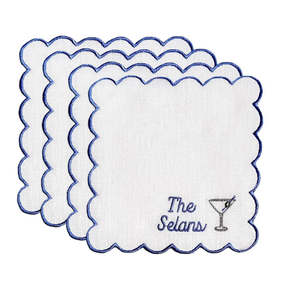 Embroidered Custom Cocktail Napkins With Scallop Border and Martini Glass on 100% Linen Cloth | T... | Etsy (US)