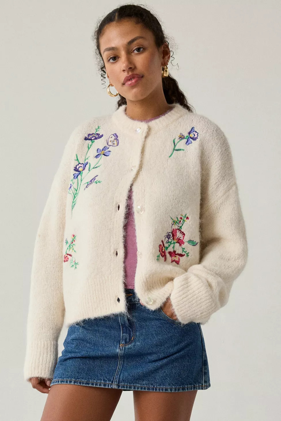 BDG Becca Embroidered Brushed Knit Oversized Cardigan | Urban Outfitters (US and RoW)
