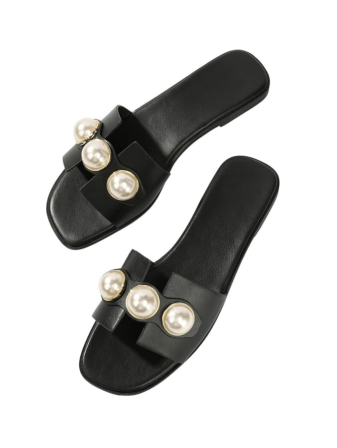Verdusa Women's Flat Sandals Pearl Sandals Square Toe Summer Slip On Flat Shoes | Amazon (US)