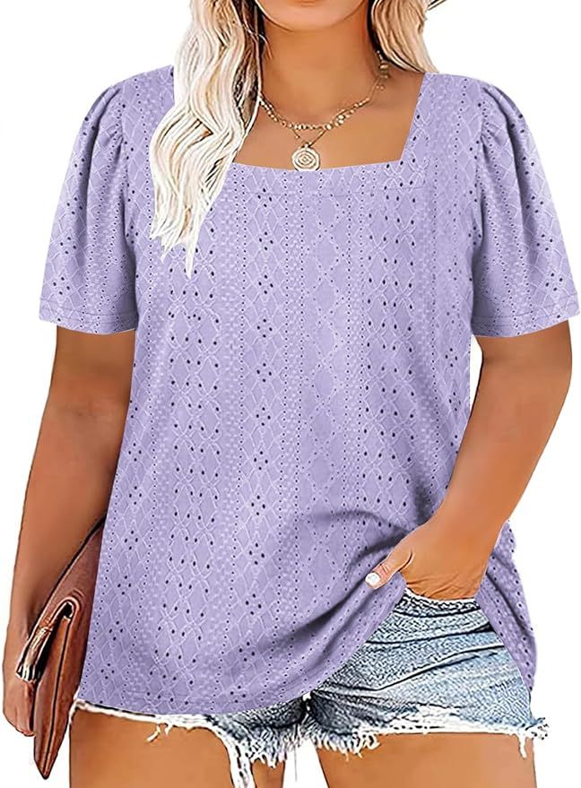 VISLILY Womens-Plus-Size-Summer-Tops Square Neck T Shirts Puff Short Sleeve Blouses Eyelet Tunics... | Amazon (US)