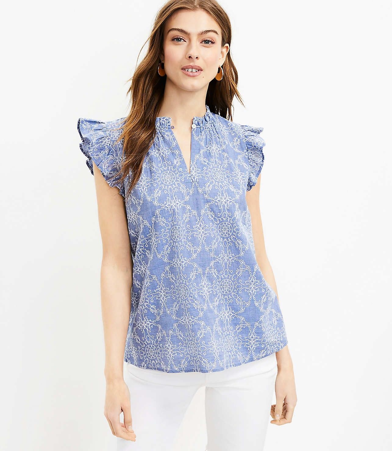 Chambray Ruffle Split Neck Shell | LOFT