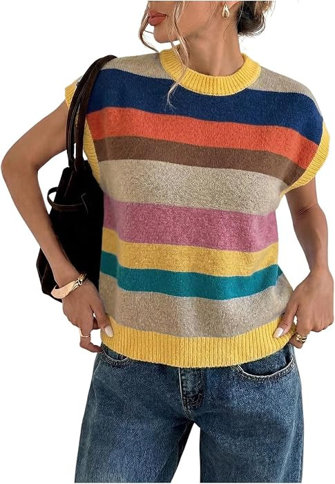 SweatyRocks Women's Striped Cap Sleeve Knit Tank Tops Sweater Vest | Amazon (US)