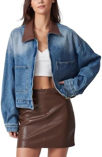 Women's Denim Jackets Leather Collar Long Sleeve Zipper Cropped Jean Jacket Denim Coat With Pocke... | Amazon (US)
