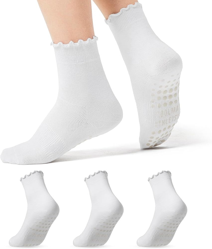 COOLMATE 3 Pairs Ruffle Pilates Socks with Grips for Women, Cute Non - Slip Crew Socks for Yoga, ... | Amazon (US)