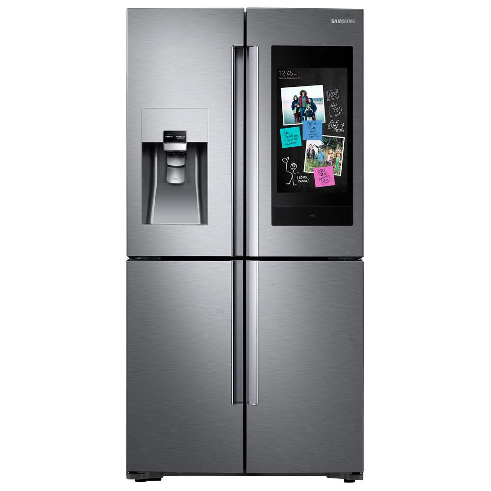 Samsung 22 cu. ft. Family Hub 4-Door French Door Smart Refrigerator in Stainless Steel with AKG Spea | The Home Depot