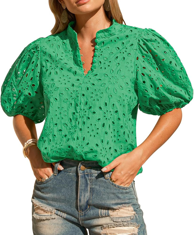 Womens Eyelet Summer Tops Lantern Short Sleeve Button V Neck Dressy Casual Blouses Hollow Out Emb... | Amazon (US)