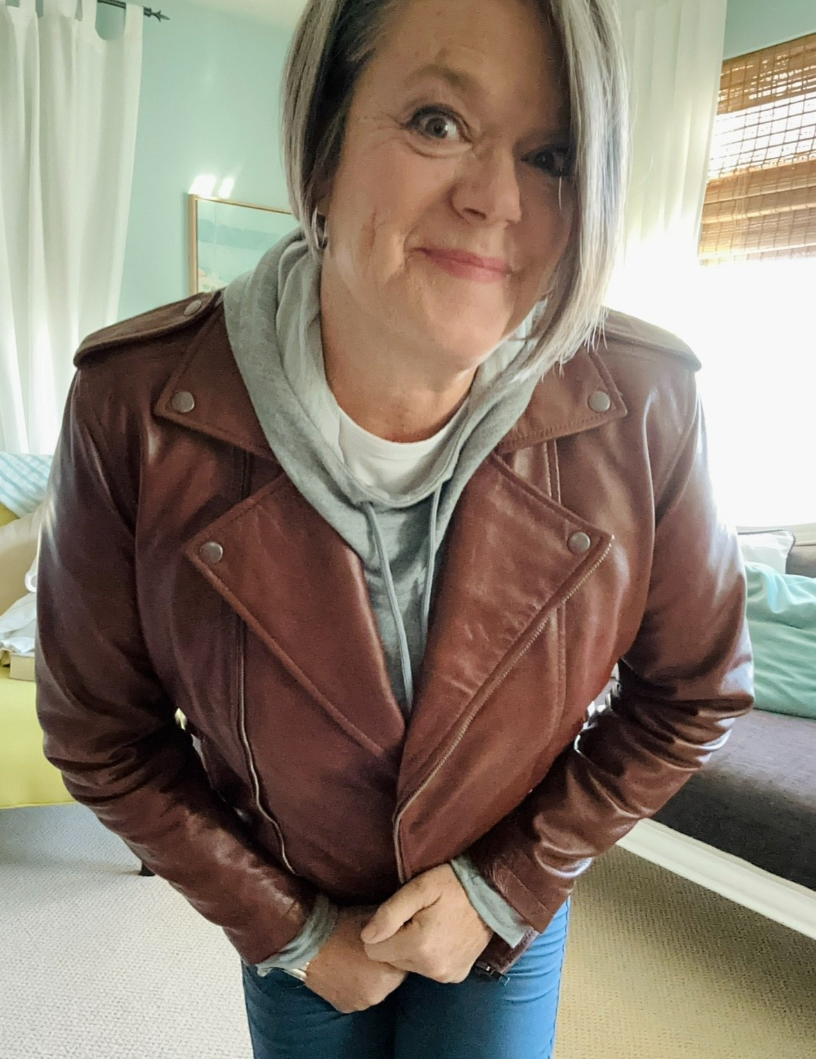 Cozy meets cool with this outfit! 🤎✨
I’m loving the mix of my brown leather biker jacket layered over a soft hoodie — it gives that perfect “effortless but put together” vibe. Paired with my wide-leg cuffed jeans, it’s the easiest throw-on look for running errands, date nights, going out to dinner or just being casual around town. 

I’ve linked everything (or similar pieces!) in my LTK so you can shop the look. Tap to see all the details!

#midsizestyle #womenover50style #ltkfashion #bikerjacketstyle #midlifefashion #widelegjeans #everydayoutfit #casualstyleover50

#LTKMidsize #LTKdayinmylife