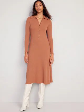 Fit &amp; Flare Long-Sleeve Henley Midi Dress for Women | Old Navy (US)