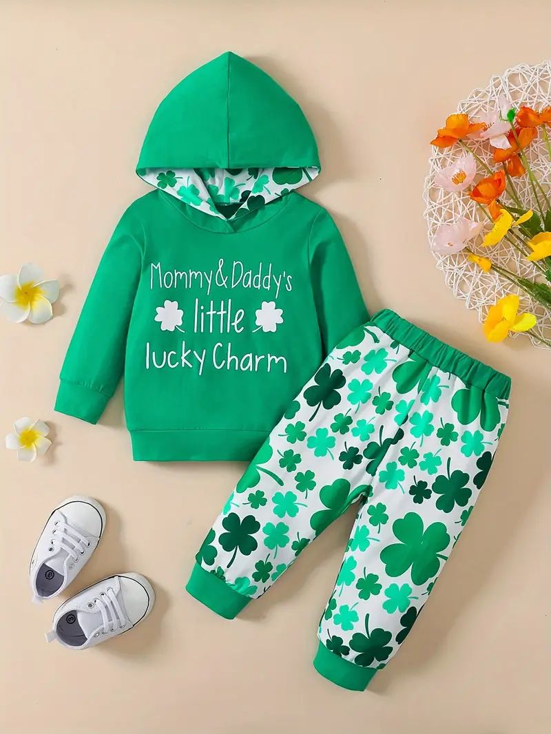 Baby's "mommy Daddy's Little Lucky Charm" Print Hooded Set - Temu | Temu Affiliate Program