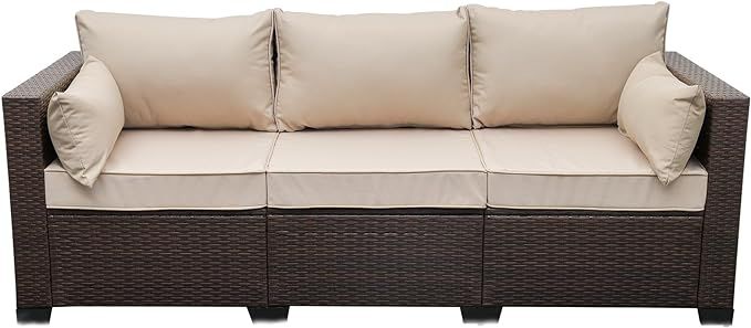WAROOM Patio Couch PE Wicker 3-Seat Outdoor Brown Rattan Sofa Deep Seating Furniture with Non-Sli... | Amazon (US)