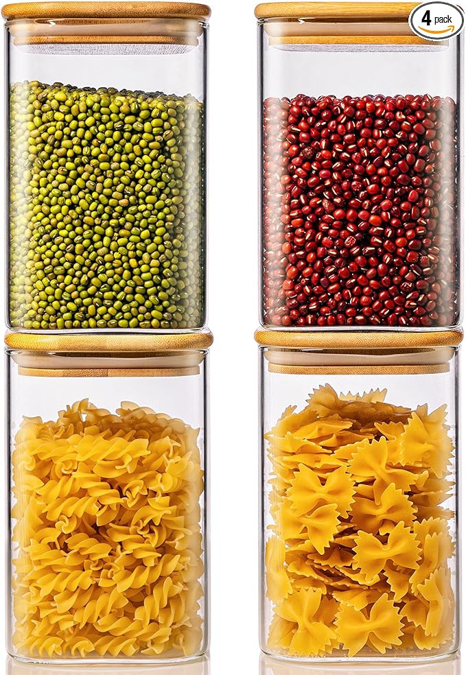 42oz - 4 Pack Square Glass Jars with Bamboo Lids, Glass Food Storage Containers with Airtight Lid... | Amazon (US)