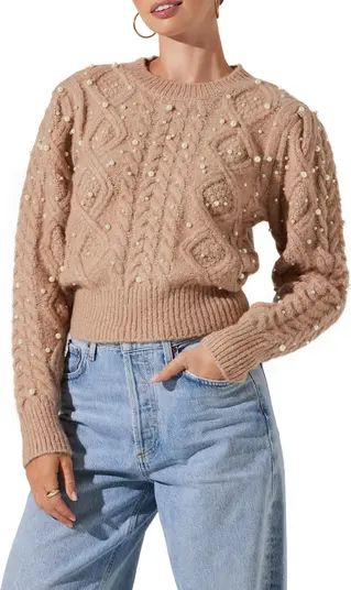 ASTR the Label Imitation Pearl Embellished Cable Stitch Sweater | Nordstrom | Nordstrom