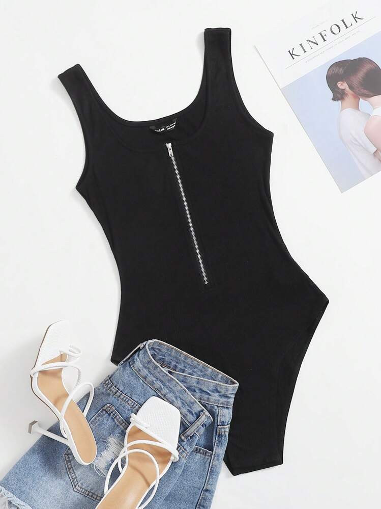 SHEIN Essnce Zipper Front Rib-Knit Black Tank Bodysuit | SHEIN