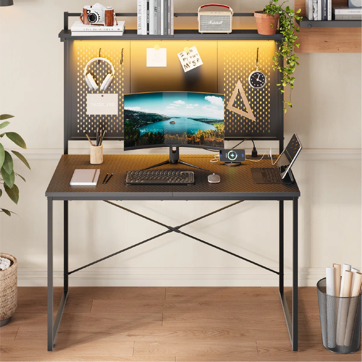 Inbox Zero Nedyo 39''W LED Gaming Desk with Hutch and Pegboard, Computer Home Office desks with P... | Wayfair North America