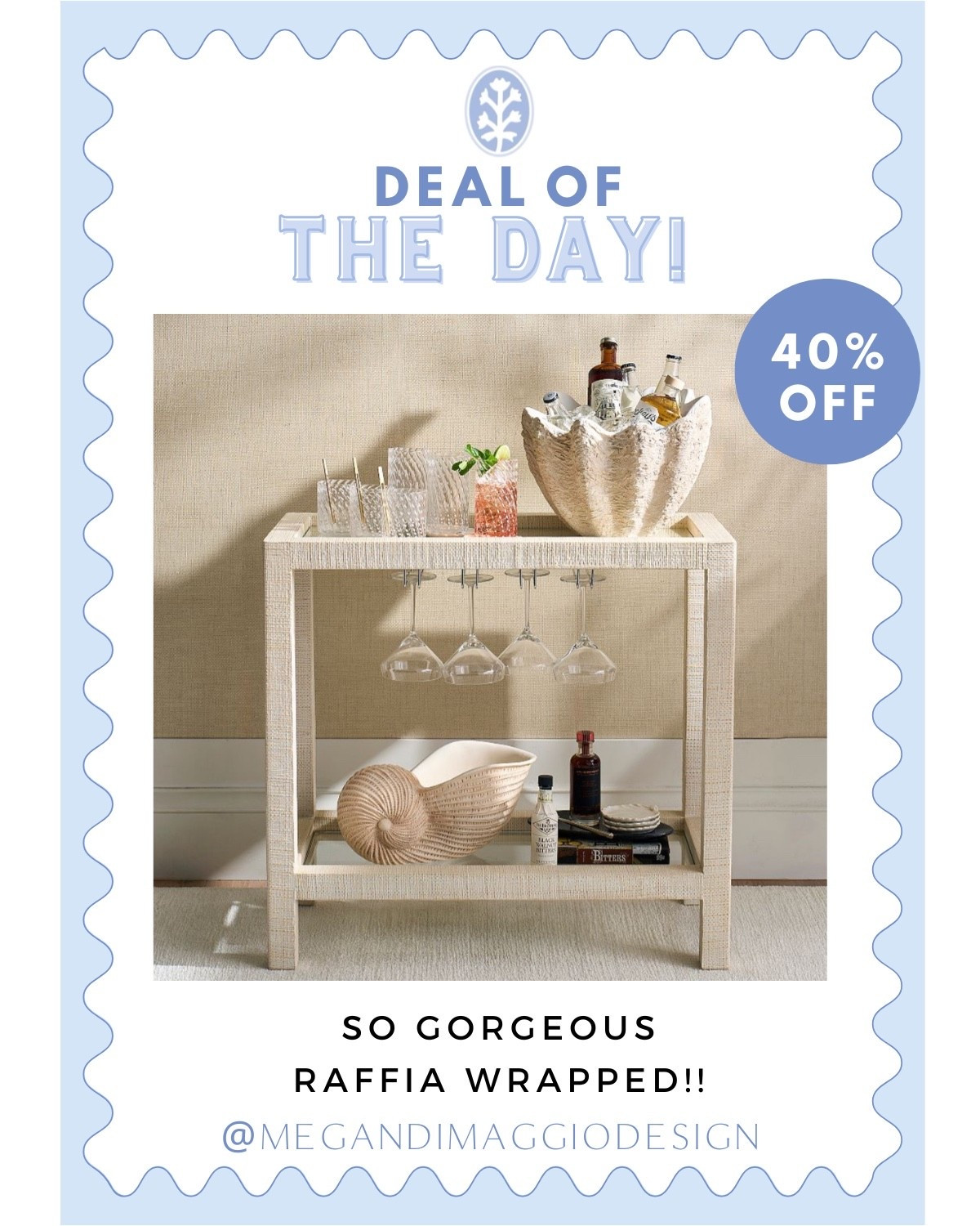 This bar cart is stunning!! 🤩 Raffia wrapped & now on sale for 40% OFF!! 🙌🏻🐚🌊⚓️