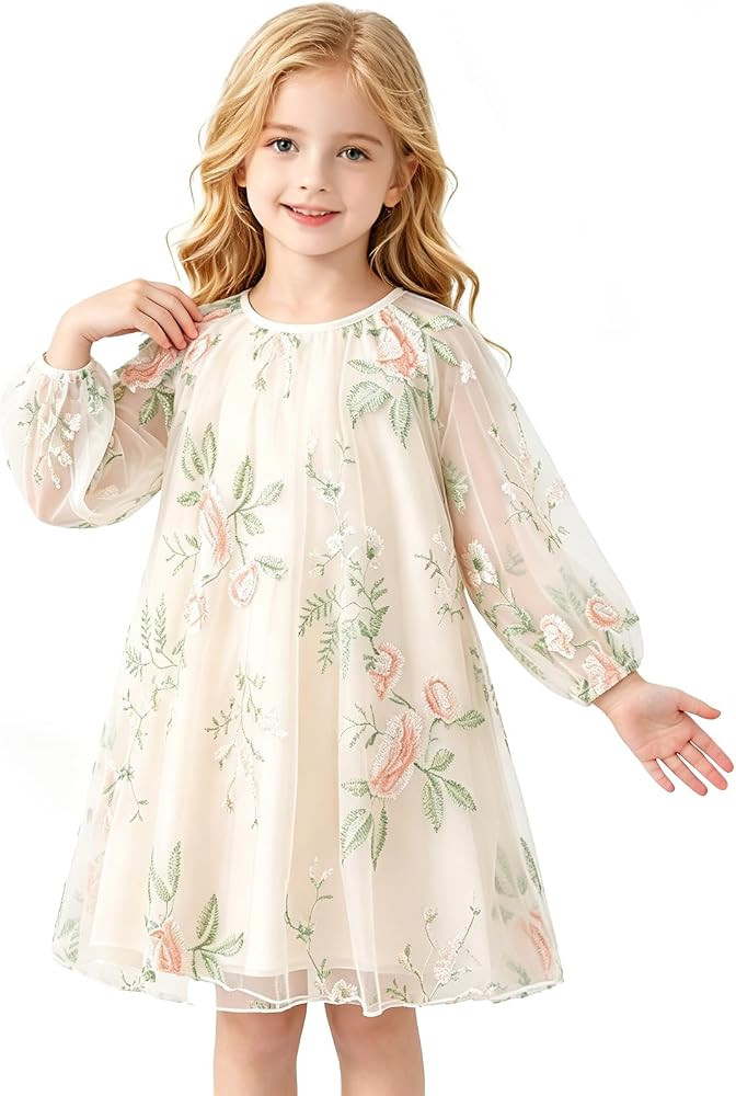 Girls Dress Long Sleeve Tulle Floral Embroidery | Amazon (US)