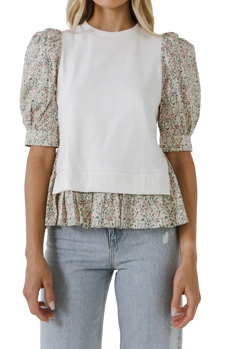 English Factory Mixed Media Puff Sleeve Cotton Top | Nordstrom | Nordstrom