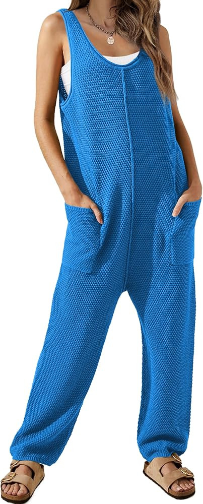 WIHOLL Womens Casual Loose Knit Jumpsuits Sleeveless V Neck Romper with Pocket and Long Pants Ove... | Amazon (US)